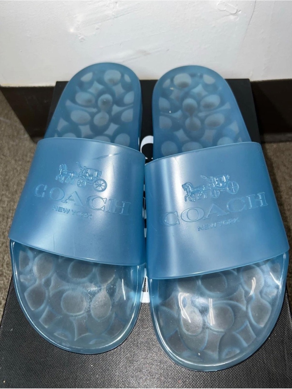 Coach Light Blue PVC Slide Sandals with Logo Strap - Picture 3 of 5